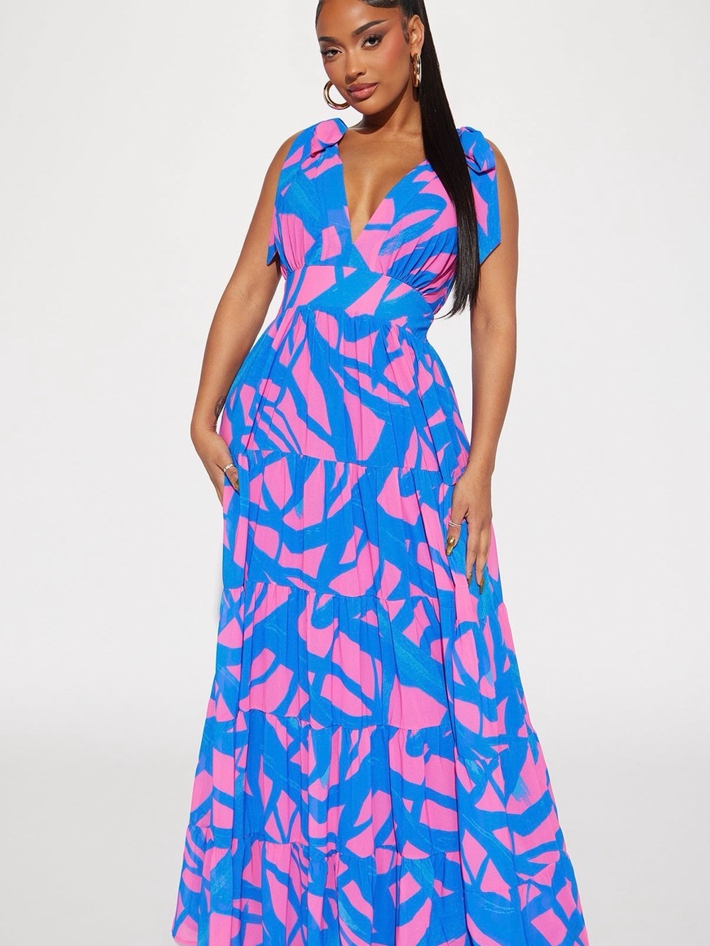 Fashion Nova Bold Abstract Tiered Maxi Dress in Blue & Pink